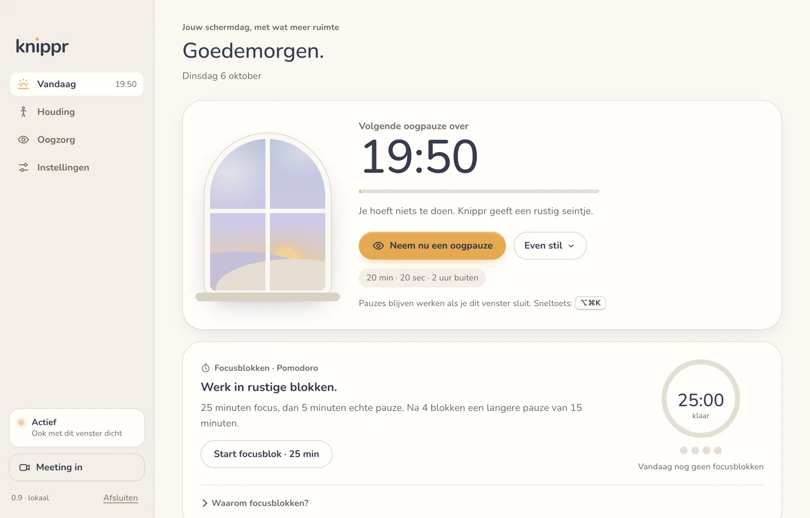 Knippr Vandaag: een raam waarin de zon opkomt naarmate de volgende oogpauze nadert, met de resterende tijd en een knop voor een oogpauze.
