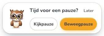 Het kleine voorstelkaartje voor de leerkracht met Kiek, de tekst Tijd voor een pauze en de knoppen Kijkpauze, Beweegpauze en Later.
